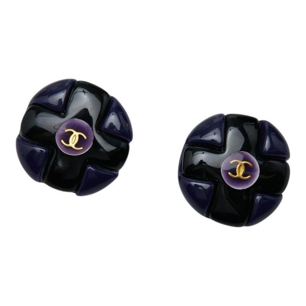 Chanel CC Logo Plated Plastic Earrings Black